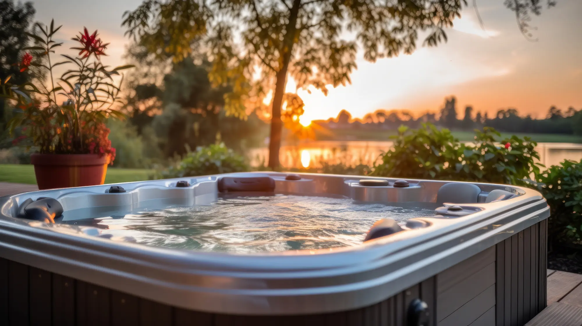 Outdoor hot tub against a lake and sunset background