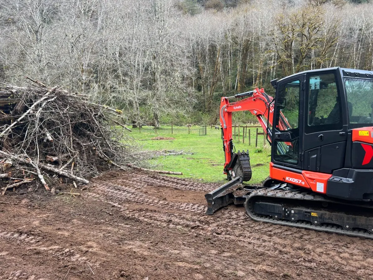 Excavator to the right of a large pile of tree branches